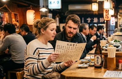 外国人が日本語メニューを読めず困っている様子